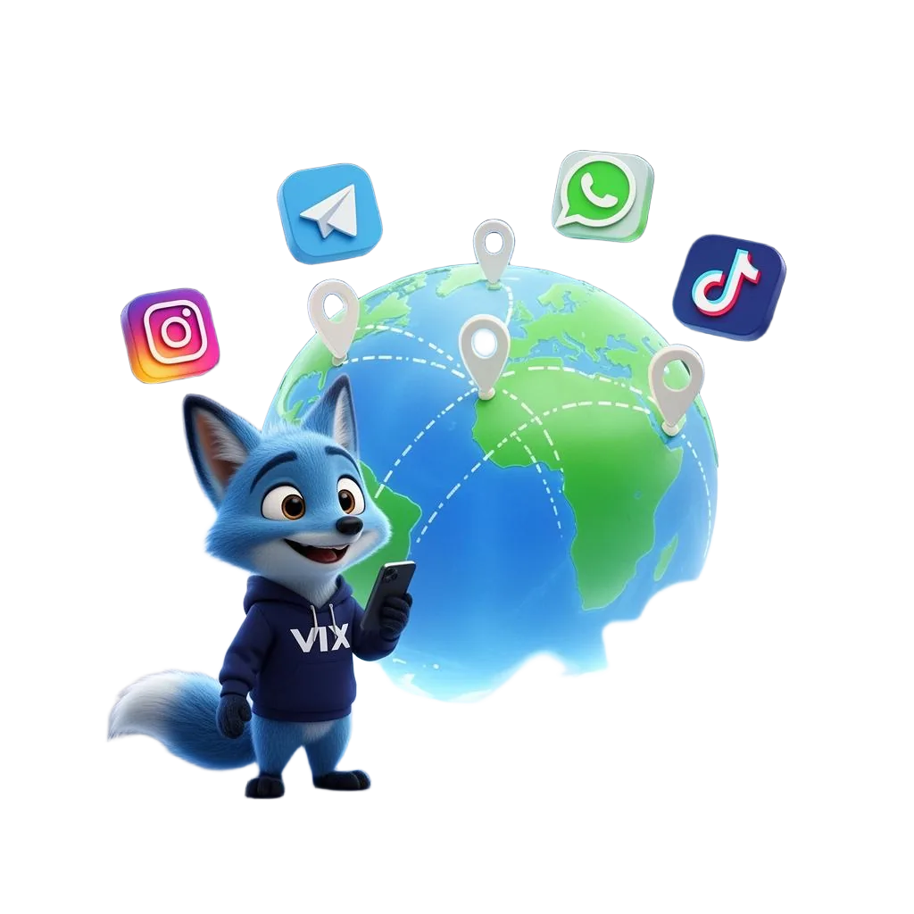 VixNokos mascot dengan globe dan icon aplikasi